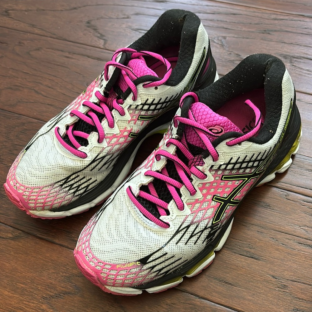 Asics Shoes Womens 6.5 White Pink Black Running Sneakers Trainers GEL-NIMBUS